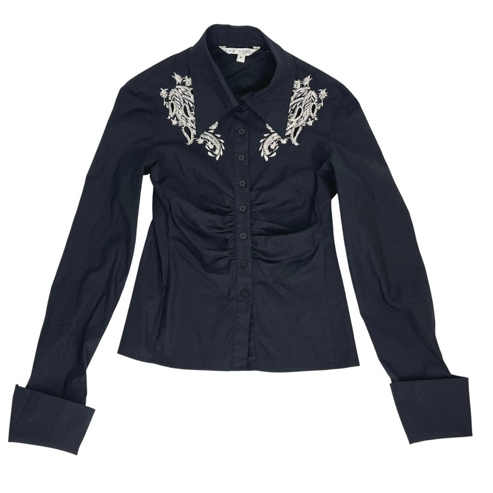 Max Studio Black Embroidered Fitted Blouse French Cuff Sz. S